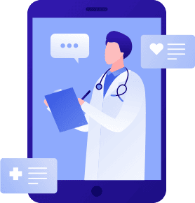 graphic of a tablet with a doctor writing in a chart